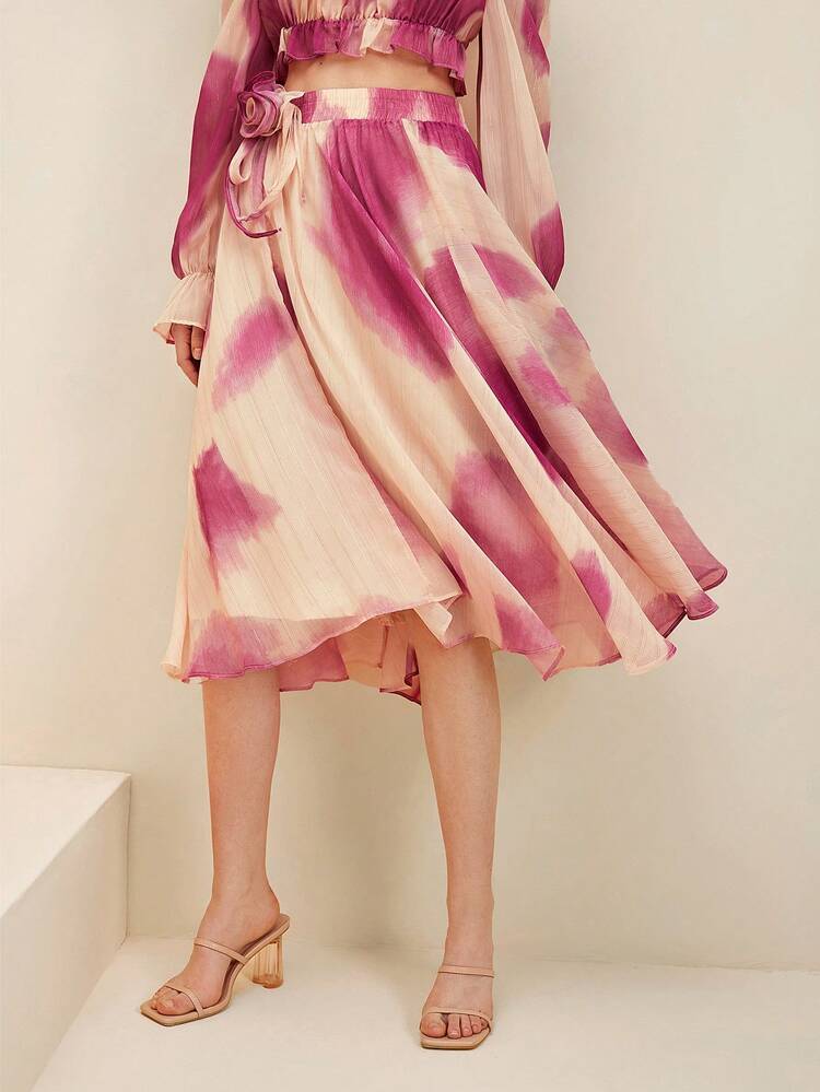 French Romantic And Elegant Heavy Industry Handmade Flower Gold And Silver Thread Rendering Printed Chiffon Elastic Waist Big A-Line Skirt