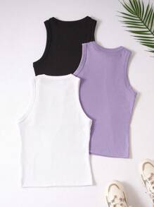 SHEIN Raffinéa Women's Summer Solid Color Round Neck Casual Tank Top - Multicolor - View 2