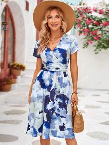 Short Sleeve V-Neck Side Pocket Printed Dress
