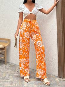 EURMUSE Orange And White Full Printed Trousers - Orange - View 3