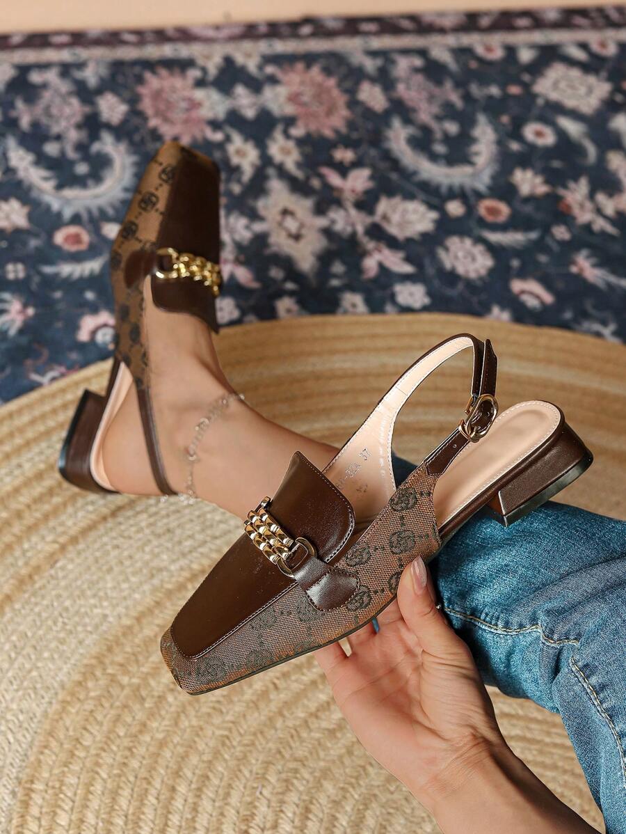 Women's Flat Vintage Square Toe Floral Embroidery With Fashion Buckle And Back Strap, Slingback Shoes Valentines - Coffee Brown - View 1