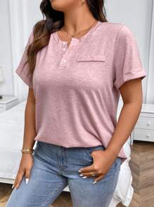 EMERY ROSE Áo thun tay bo cài nửa nút phía trước màu trơn cỡ lớn Áo thun Henley Áo thun màu hồng Áo thun màu hồng Áo thun màu hồng dành cho nữ - Hồng - Xem 4