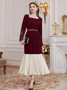 Modelyn Burgundy Red Women Color Block Patchwork Diamond Decorated Fish Tail Dress - Burgundy - View 1