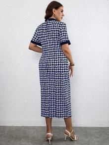 SHEIN Clasi Kích thước lớn Của phụ nữ Mùa hè Vòng cổ Ngắn tay Thon gọn Váy chữ A Với Đồ họa Houndstooth - Màu xanh lam - Xem 2