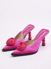 女式梅紅色高跟尖頭涼鞋,帶有小圓花裝飾 - 玫紅色 - 查看 5