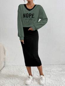 SHEIN Essnce 女式字母印花上衣和纯色修身无袖连衣裙两件套 - 彩色 - 查看 4