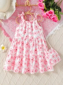 SHEIN Young Girl Floral Print Ruffle Hem Sleeveless Dress - Pink - View 1