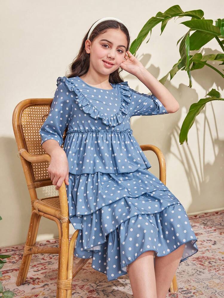 Tween Girls' Adorable Polka Dot Layered Cake Short Sleeves Dress With Ruffle Trim