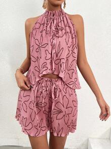 Breezaya Printed Wide Leg Culottes & Toothpick Pleated Loose Fit Top Casual Set, Suitable For Summer - Pink - View 5