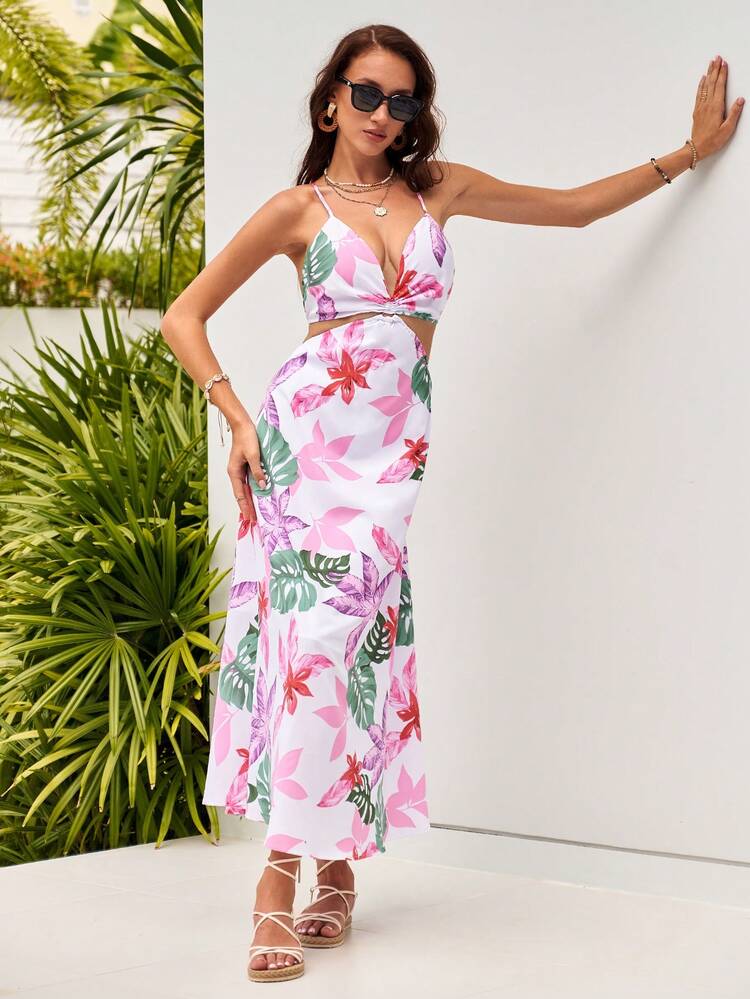 Vacation Style Plant Patterned Hollow Out Waist Cami Women's Dress Wedding Dress