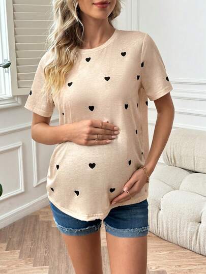 GentleRue Maternity Maternity Heart Print Short Sleeve T-Shirt For Summer