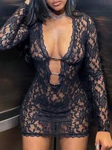 Đầm mini ren đen gợi cảm dành cho nữ, kiểu dáng ôm sát, thích hợp cho các bữa tiệc rock, đêm tiệc, với họa tiết kim loại khoét rỗng, thanh lịch, thích hợp cho mùa xuân. - màu đen - Xem 7