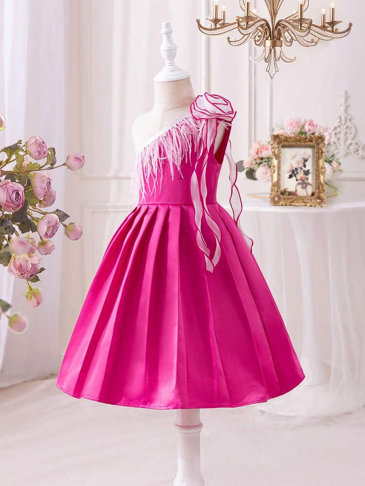 Young Girl Cute Color Blocking 3D Flower Decor One Shoulder Mid-Length Dress