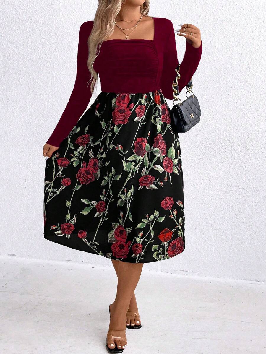 SHEIN Clasi 女式大碼優雅方領長袖花卉拼接連衣裙,適用於春夏季節 - 紅色 - 查看 1