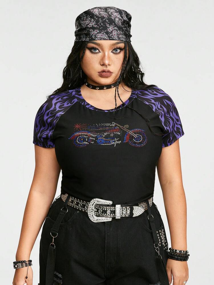 Fashionable Plus Size Women's Flame Printed Rhinestone Decor Tight T-Shirt With Raglan Sleeve For Motorcycle Lovers