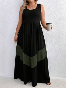 SHEIN Holidaya Plus Size Boho Color Block Patchwork Sleeveless Dress, For Summer - Army Green - View 3