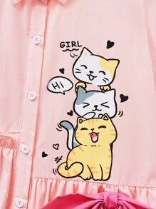 SHEIN Tween Girl Woven Solid Color Cute Cat Pattern Loose Casual Shirt - Baby Pink - View 3