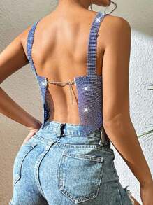Zolique Rhinestone Fishnet Backless Cropped Camisole Top - Royal Blue - View 2