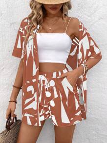 SHEIN LUNE Họa tiết Hình học Áo len Mở Và Bộ quần short - Màu Cam san hô - Xem 1