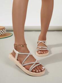 女式鑲有鑽石的平底涼鞋,模擬麂皮鞋帶和草編紋帶,簡約,型格又年輕 - 米色 - 查看 4