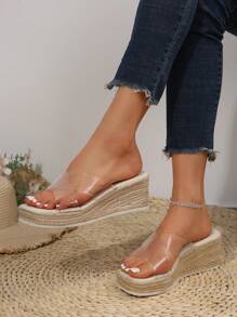 Women's Handmade Rope Bottom Wedge Platform Slide Sandals, Thick Sole Sandals, Summer Shoes, Women Sandals, Comfortable Transparent Shoes - Clear - View 6