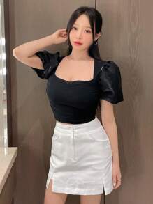 DAZY Áo thun tay phồng phối lưới màu trơn tương phản dành cho nữ - màu đen - Xem 3