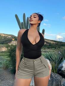 SHEIN SXY Solid Color Flip Pocket Shorts - Light Grey - View 1