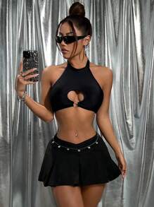 SHEIN ICON 3 Peças/Conjunto Saia Plissada com Cintura em V na Cor Sólida, Adequada para Estilo Mini Saia Kpop de Verão (3 Pacotes) - Multicolorido - Visão 3