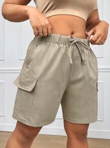 CovetEZ 大碼女士束腰休閒貨物短褲 - 卡其色 - 查看 4