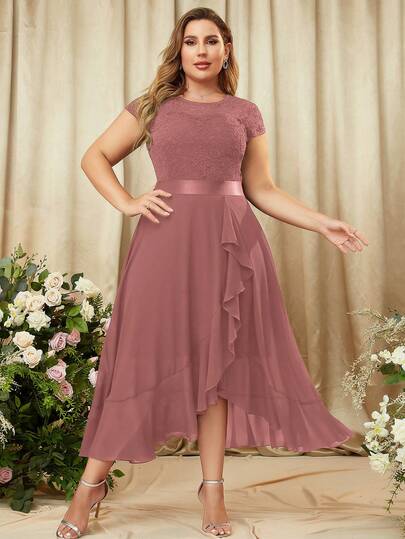 MIUSOL 加大花朵蕾丝撞色雪纺荷叶边饰帽袖正式派对长裙，女士优雅派对礼服，适合婚礼宾客、晚宴、毕业典礼、伴娘礼服