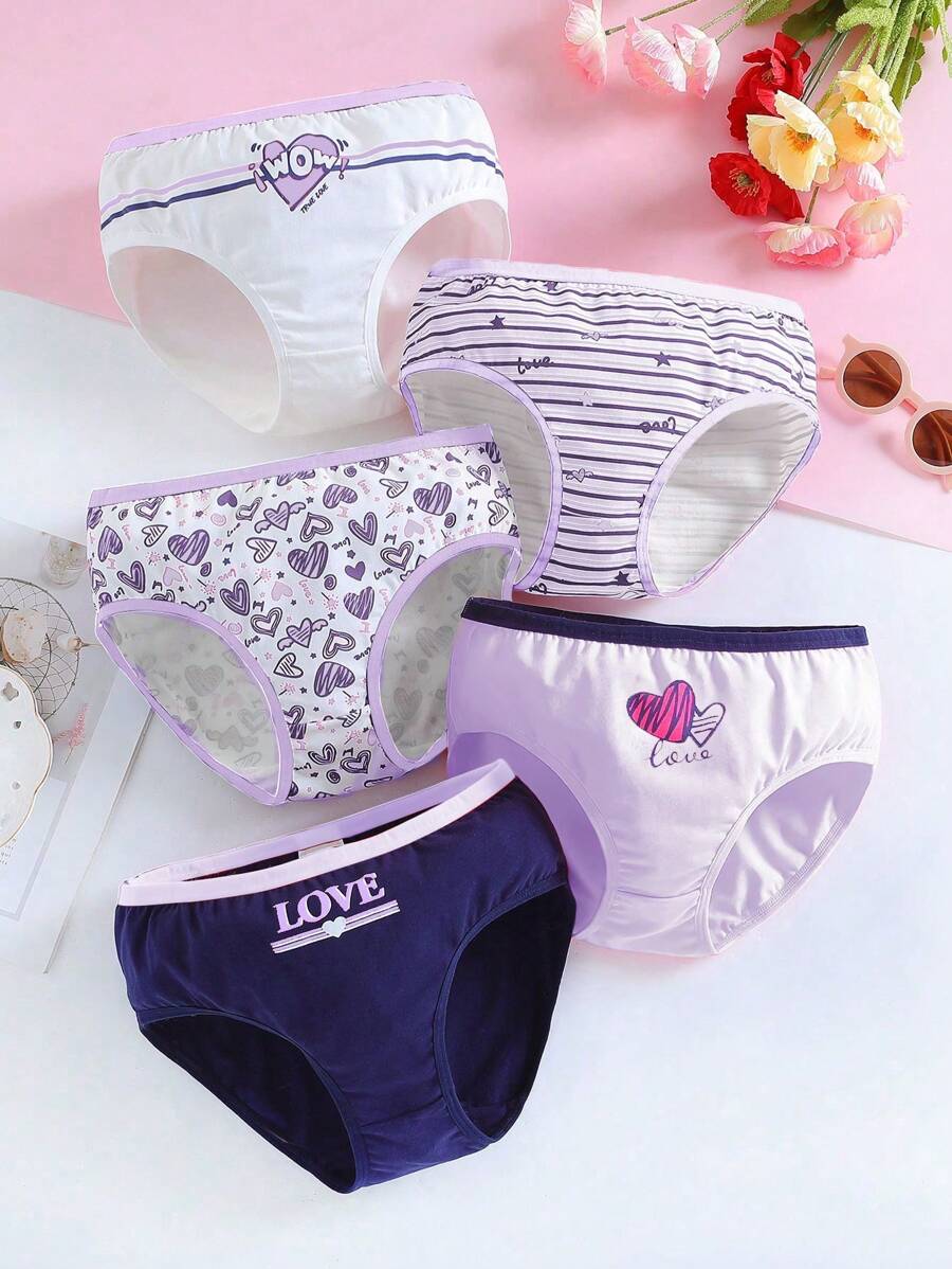 Tween Girl 5 buc Slip cu legături în dungi și imprimeu inimă