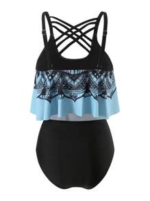 SHEIN Swim Curve 大尺碼夏季海灘骷髏＆曼陀羅花印花坦克泳衣套裝，適用於度假 - 彩色 - 查看 2