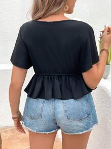 SHEIN VCAY Plus Size Vacation Style Ruffle Hem T-Shirt - Black - View 2