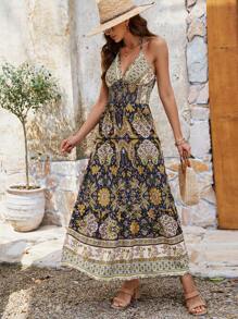 Breezaya Women's Summer Holiday Style Floral Print Waist Tie Halterneck Dress