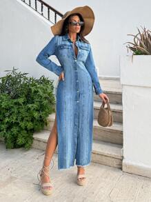 EURMUSE Women's Front Button High Split Denim Dress - Medium Wash - View 5