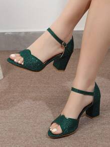 女士简约夏季粗跟圆头凉鞋，百搭 - 墨綠色 - 查看 4