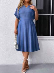 SHEIN Clasi Plus Size Notch Neck Button Detail Cinched Batwing Sleeve Casual Dress - Blue - View 1