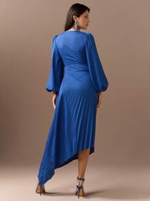 Modelyn Women'S Solid Color Lantern Sleeve Asymmetric Hem Dress - Blue - View 2