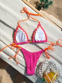 Swim Mod Summer Beach Women's Halter Neck Cutout Decoration Bikini Set - Multicolor - View 2