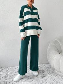 EURMUSE Women's Button Half-placket Striped Knit Top And Solid Color Wide-leg Knit Pants Two-piece Set - Green - View 4