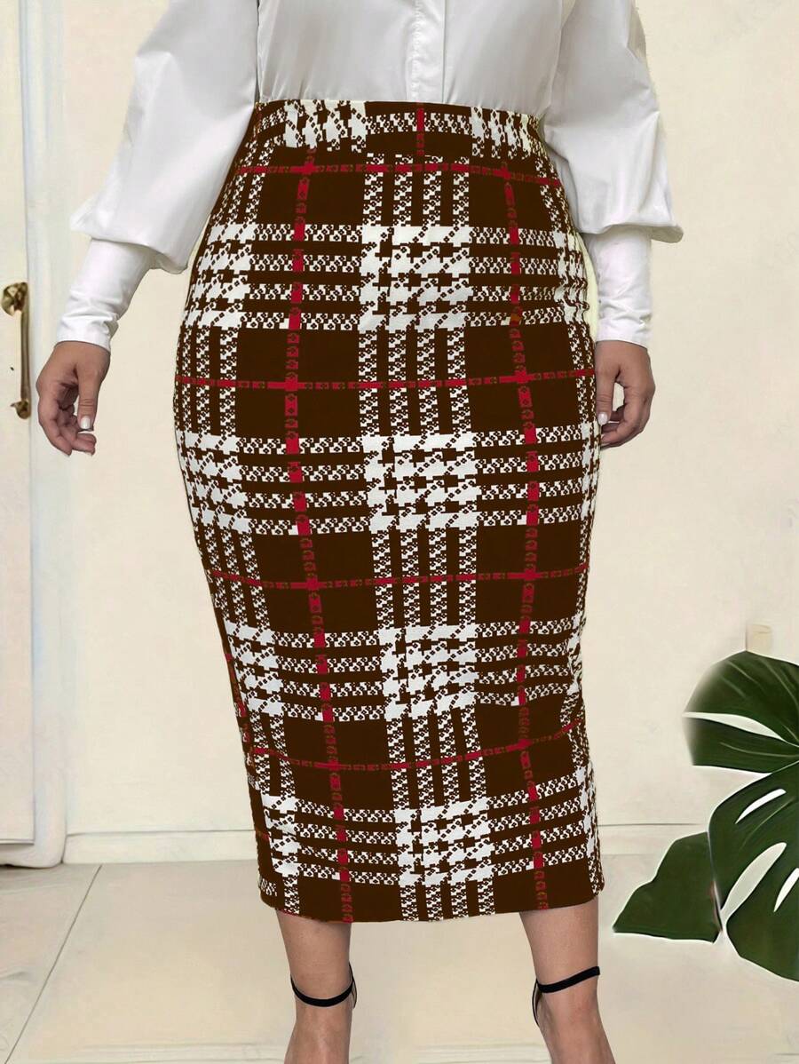 SHEIN Clasi Falda De Talle Alto Con Estampado De Cuadros De Talla Grande