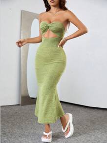 SHEIN Unity 女士扭结前襟镂空设计抹胸连衣裙，鱼尾裙摆长款女装 - 青檸色 - 查看 3