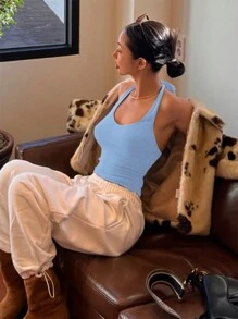 DAZY Của phụ nữ Mùa hè Màu thuần Halter Neck Buộc Không tay Giải trí Áo ba lỗ - Màu xanh nhạt - Xem 5