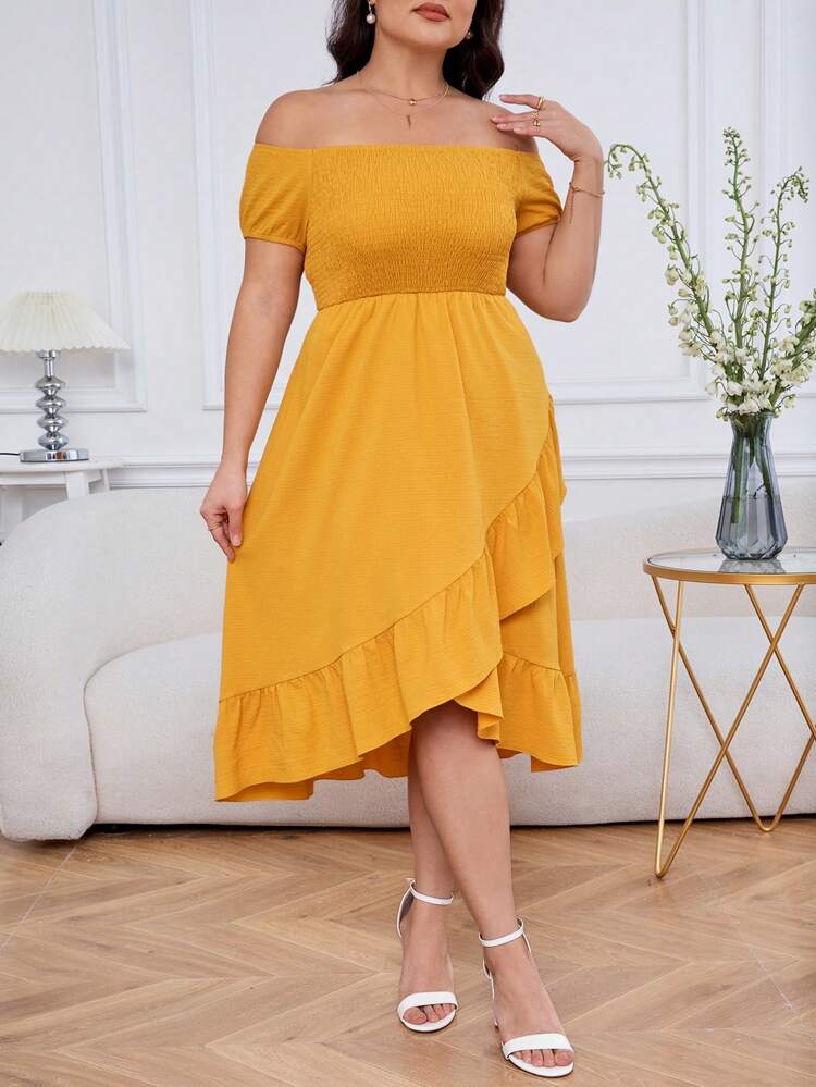Elegant Plus Size Women Dress With Off Shoulder Design And A-Line Fit, Asymmetrical Hem Sun Dress In Ginger Yellow Color, Suitable For Summer Travel, Outings And Beach Vacation.