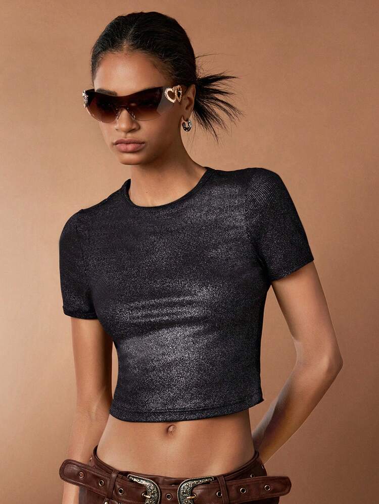 Women's Summer Metallic Coated Round Neck Short Sleeve Cropped T-Shirt