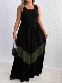 SHEIN Holidaya Plus Size Boho Color Block Patchwork Sleeveless Dress, For Summer - Army Green - View 4