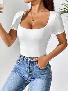 SHEIN PETITE 女款時尚純色方領修身連身衣 - 白色 - 查看 7