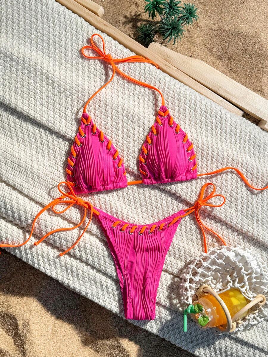 Swim Mod Summer Beach Women's Halter Neck Cutout Decoration Bikini Set - Multicolor - View 1
