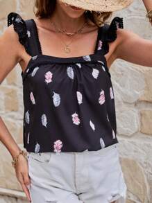 SHEIN Frenchy كاميسول ذو حمالات مزين بطبعات الريش والدانتيل، مناسب لفصل الصيف والعطلات