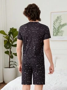 Teen Boy Splatter Paint Letter Printed Short Sleeve T-Shirt And Shorts Casual 2pcs Homewear Set For Summer - Black - View 2